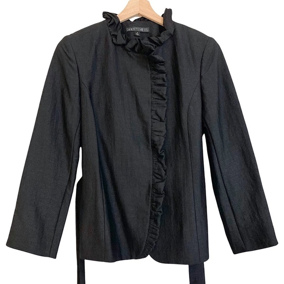 LAFAYETTE 148 Ruffled Silk Blend Jacket Black Sash Belted Snaps Lined - Picture 5 of 9